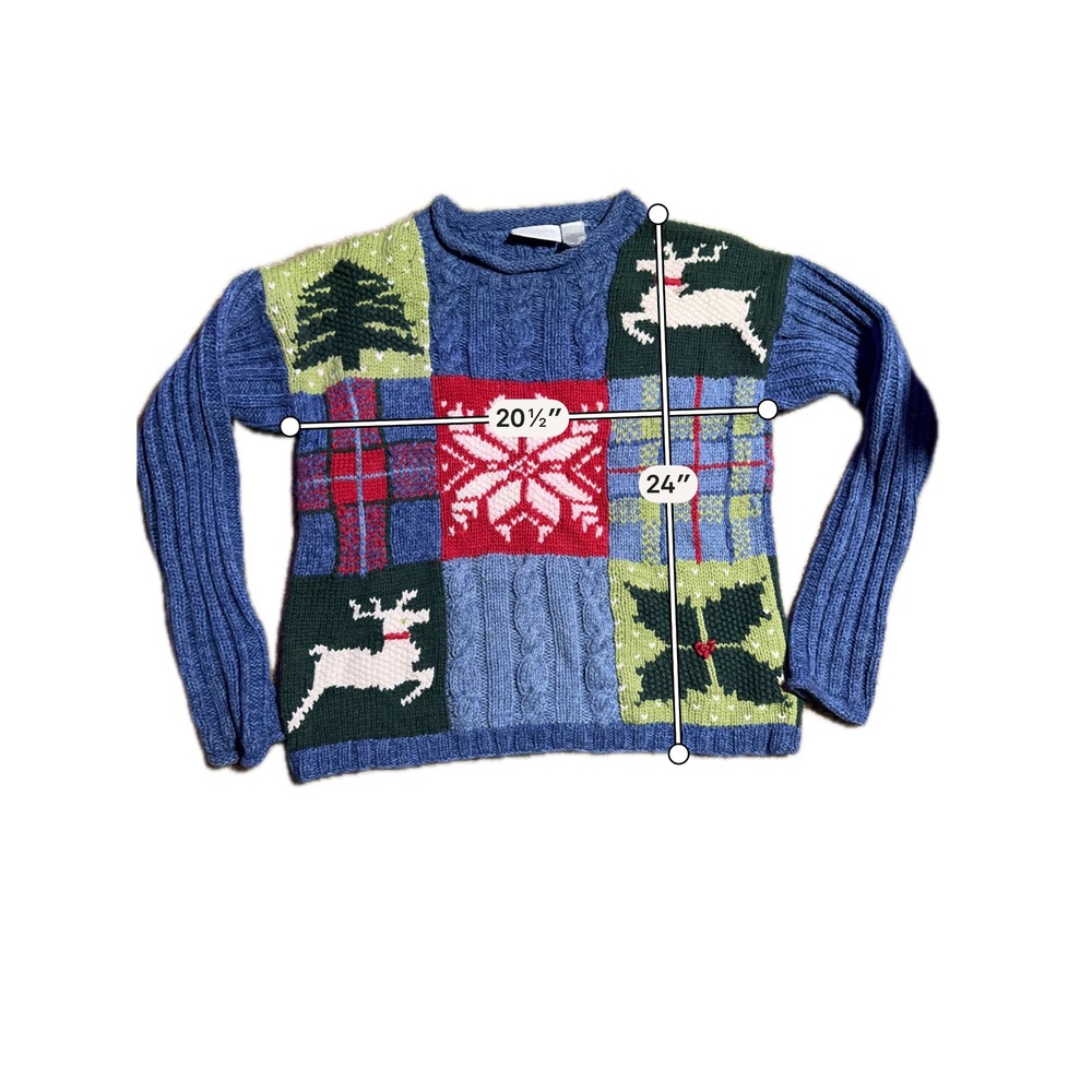 LizClaiborne Lizsport Vintage Christmas Patchwork Reindeer Sweater Blue Womens L - Picture 3 of 6